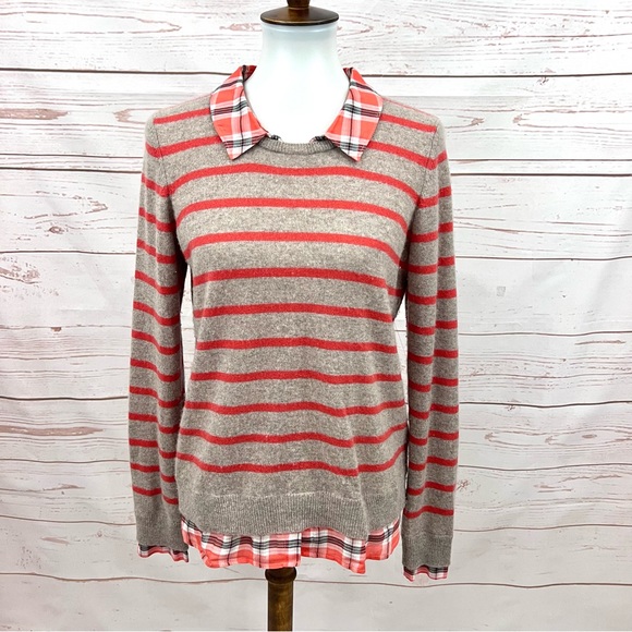 Joie Sweaters - Joie Camel & Orange Striped Cashmere Sweater Plaid Shirt Trim